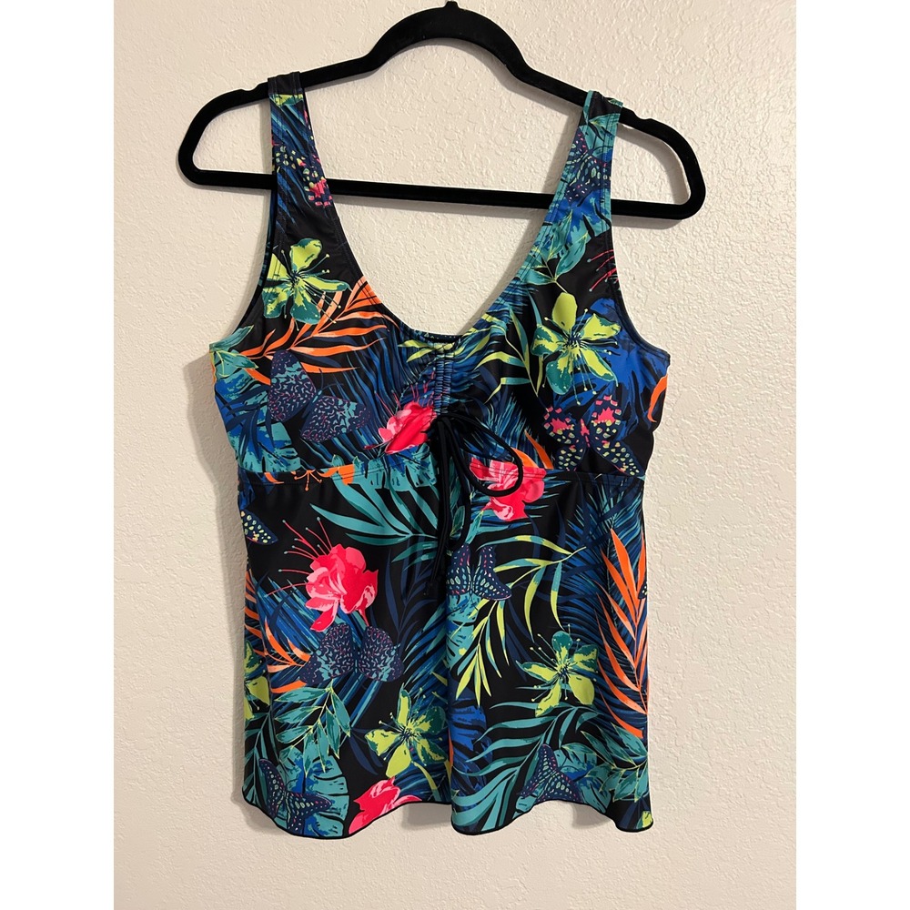 Tropical Floral Tankini Swim Top V-Neck Drawstring Bust Black XL Hawaiian Print
